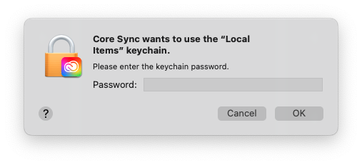 Core sync wants to use the Local Items keychain のメッセージ